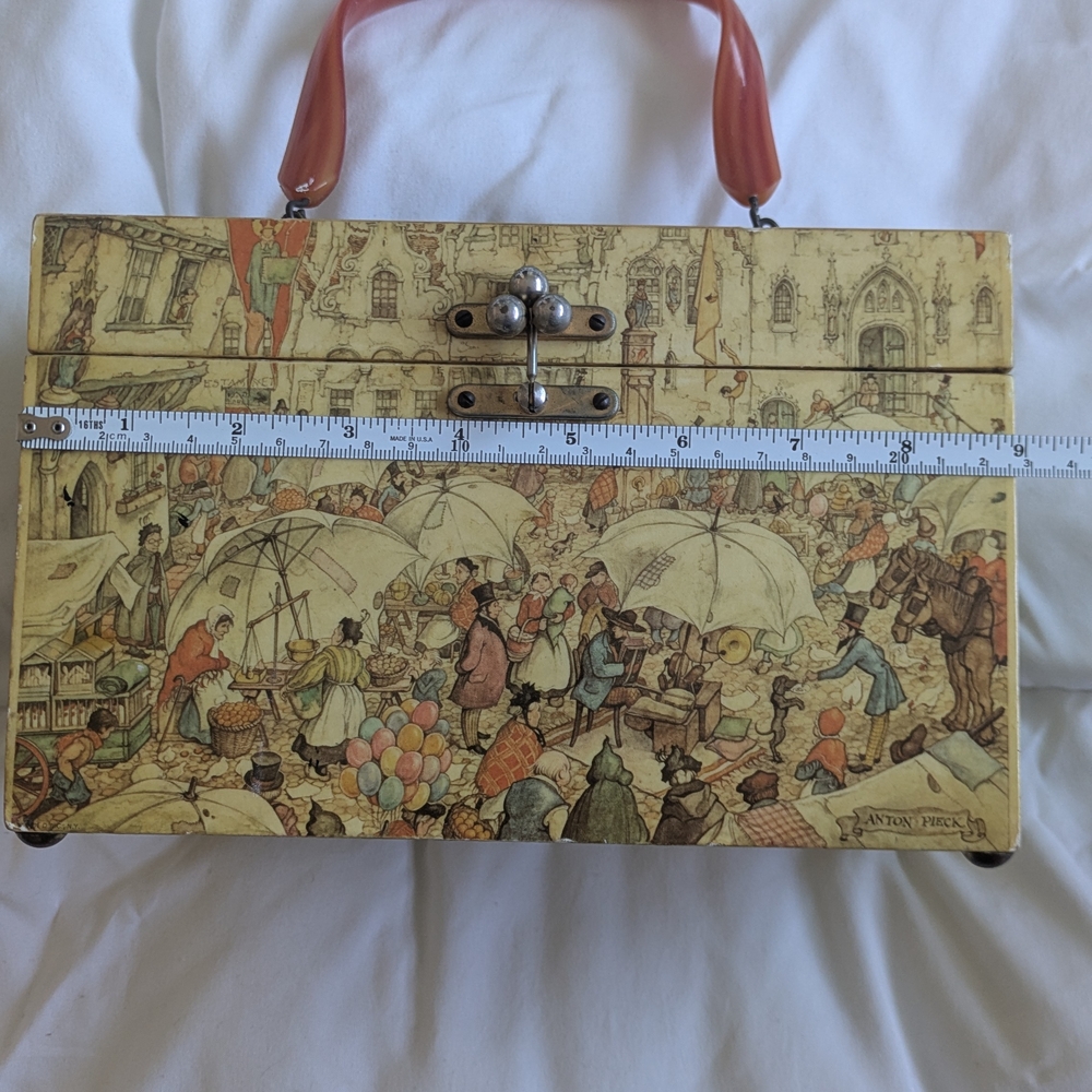 Vintage Wooden Handbag with Red Handle